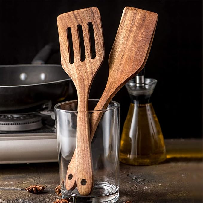 7 Pcs Acacia Wood Cooking Utensils Set Large Wooden Spoons - Image 9