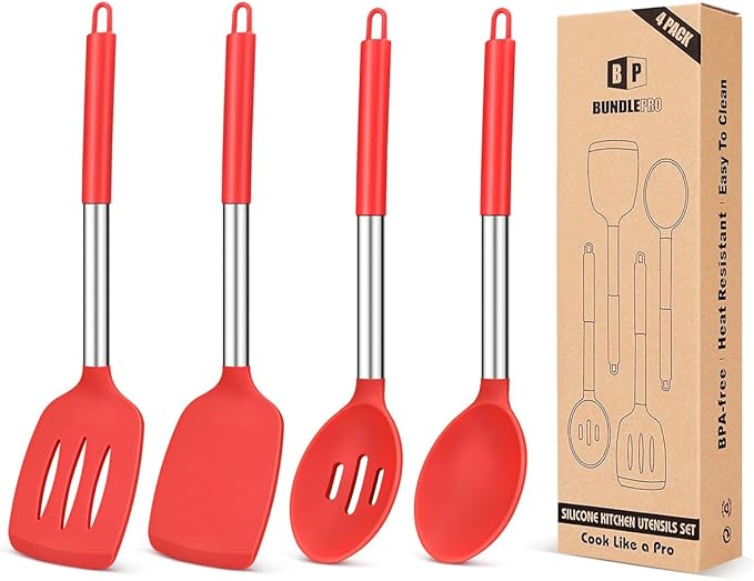 Pack of 4 Silicone Cooking Utensils Set, Non Stick Large Solid Spatulas by BUNDLEPRO