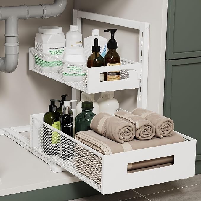 Petiza Under Sink Organizer Adjustable Height 2 Tier Bathroom Organizer Pull by petiza