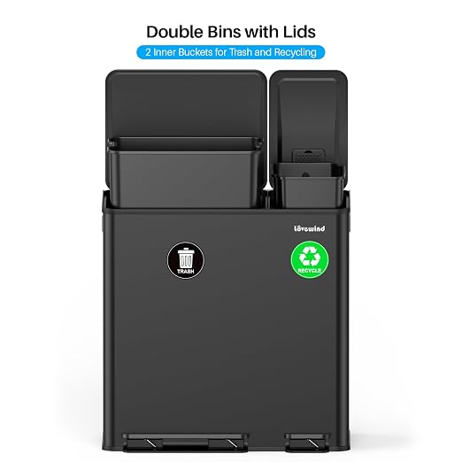 Dual Trash and Recycling Bins for Kitchen, 13.2 + 5.2 Gal Stainless Steel Trash - Image 7