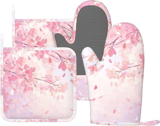 Oven Mitts and Pot Holders Cherry Blossom Flower Japanese Art Silicone Kitchen by DADABULIU