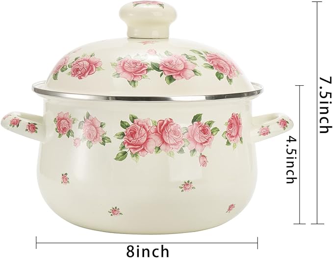 SOUJOY Enamel Stockpot with Lid, 2.8 Quart Retro Cooking Pot, Vintage Floral - Image 2