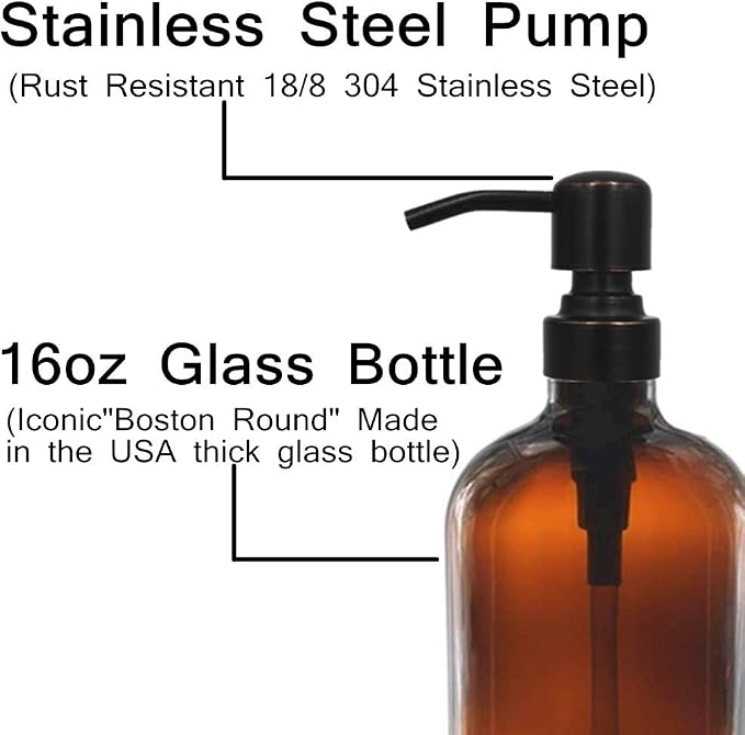 2 Pack 16 Ounce Boston Round Glass Bottles Soap Dispenser - Image 3