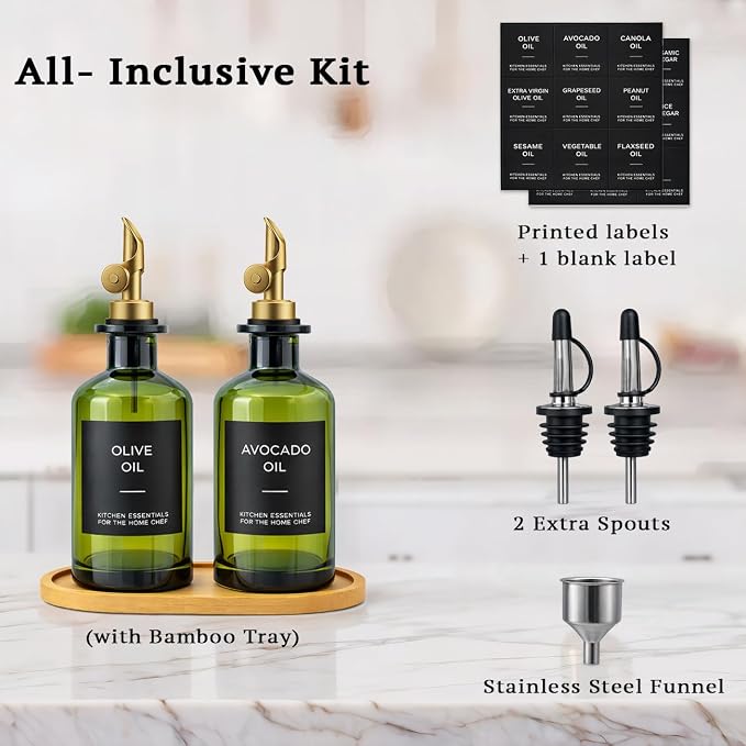 Olive Oil Dispenser Set, 2 x 11.8oz Deep Green Glass Bottles - Image 2