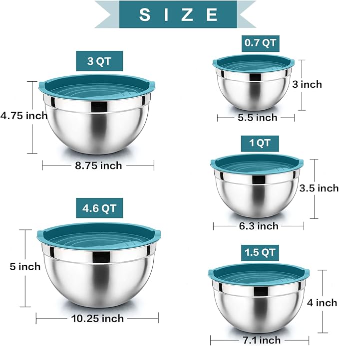 P&P CHEF Mixing Bowls with Airtight Lids Set of 5, 10-Piece Stainless Steel - Image 4