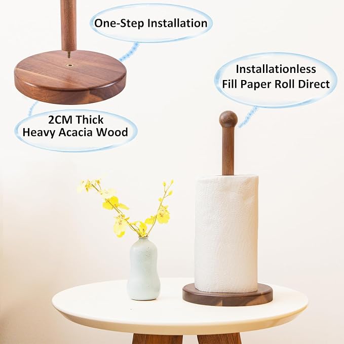14" Acacia Wooden Paper Towel Holder, 6.7" Large Heavy Base Wooden Kitchen - Image 3