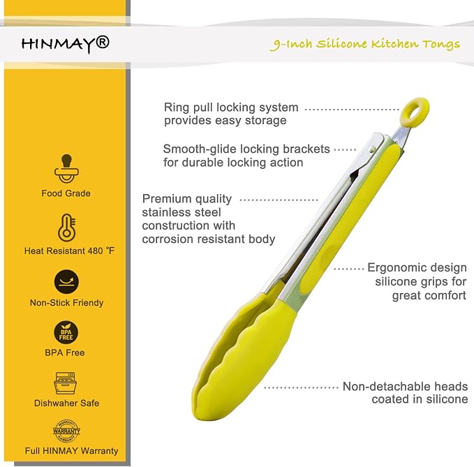 HINMAY Silicone Tipped Tongs 9-Inch Kitchen Cooking Tongs - Image 2