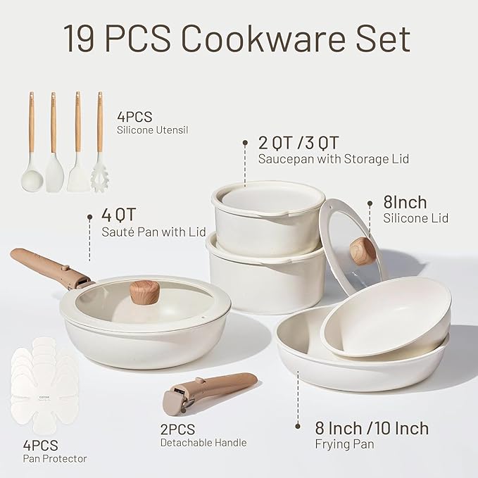 CAROTE 19pcs Pots and Pans Non Stick, Cookware Sets Detachable Handle, - Image 2