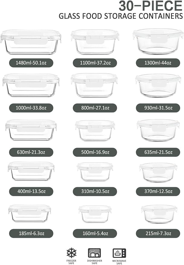 30 Pieces Glass Food Storage Containers - Image 2