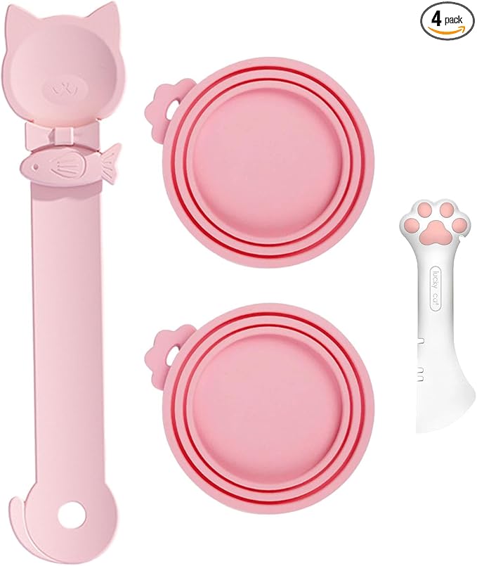 4pcs gray Pet Food Can Supplies Set，Silicone Cat Dog Food Can Lids Spoons by chuyouan