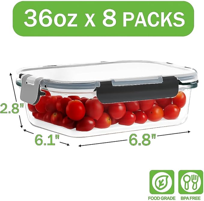 8 Pack 36oz Large Glass Meal Prep Containers - Image 3