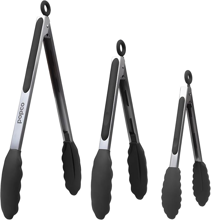 Popco 3-Piece Kitchen Tongs Set – Stainless Steel Heat Resistant Silicone Tips by POPCO