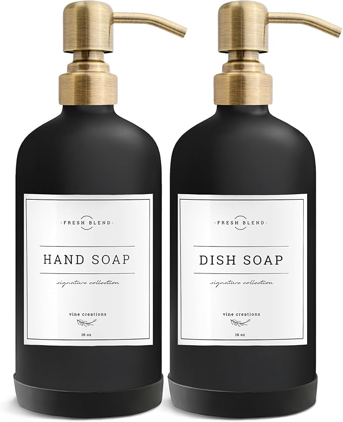 Vine Creations Black Glass Soap Dispenser, 2 Pack Kitchen Soap Dispenser Set by VineCreations