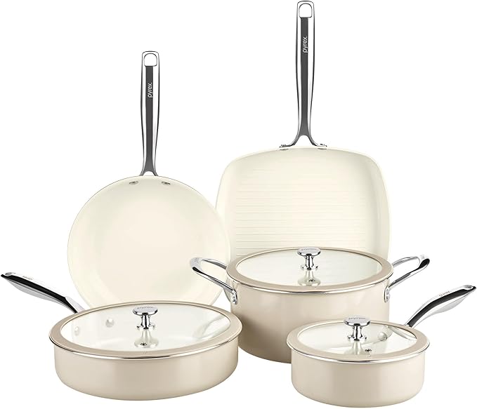 Pyrex 8-Piece Ceramic Cookware Set, Pots and Pans by Pyrex