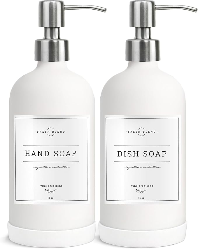 Vine Creations White Glass Soap Dispenser, 2 Pack Kitchen Soap Dispenser Set by VineCreations