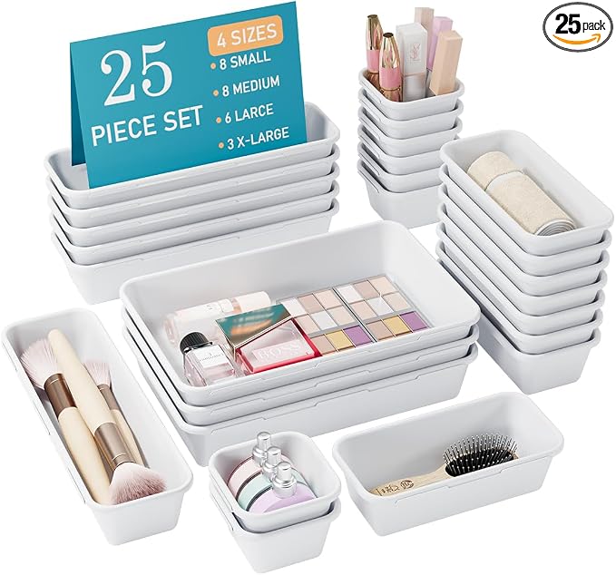 Kutesna 25 PCS White Drawer Organizer Set, 4 Size Interlocking Plastic Storage by Kutesna
