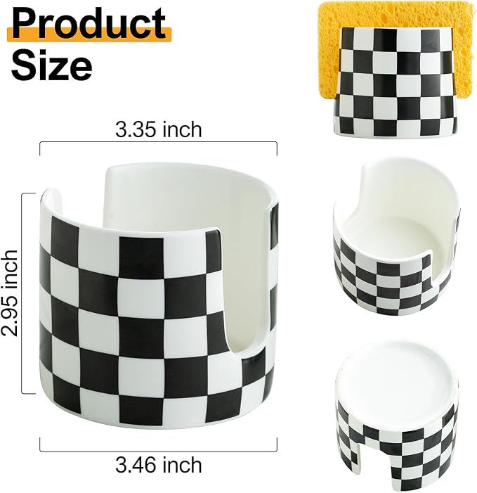 Zoeeker Checkered Kitchen Sink Sponge Holder, Dish Sponge Rack Ceramic Brush - Image 2