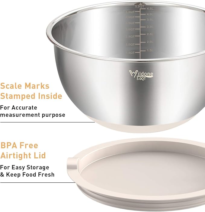 Wildone Mixing Bowls with Airtight Lids Set, with Grater Attachments & Non-Slip - Image 2