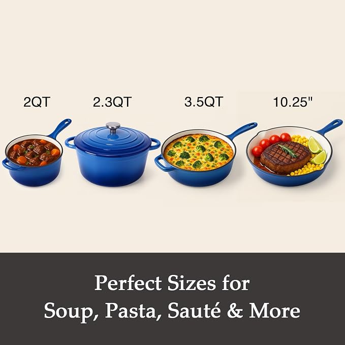 QuliMetal Nonstick Enameled Cast Iron Cookware Set, 4-Pcs Pots and Pans - Image 2