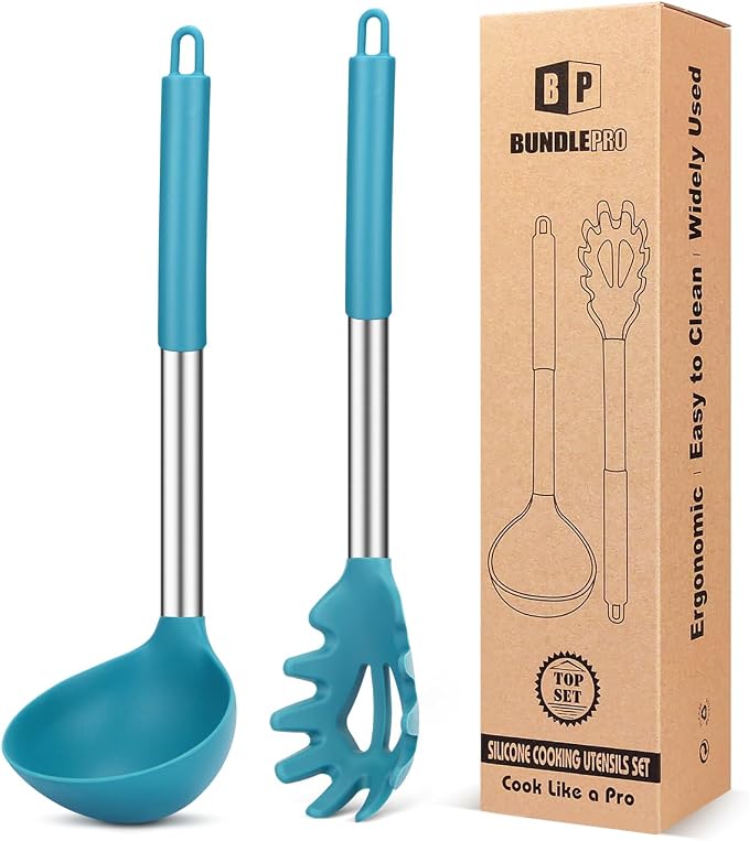 Silicone Pasta Fork and Ladle Spoon Set, Large Non Stick Kitchen Utensils by BUNDLEPRO