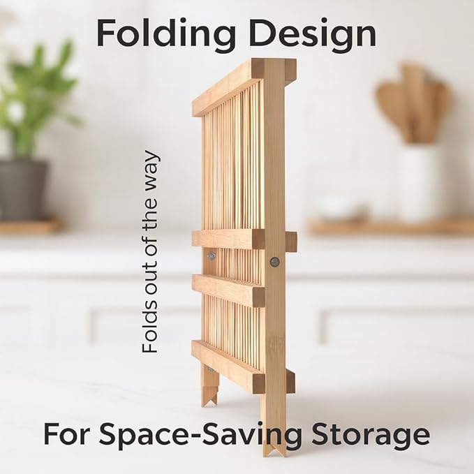 HIC Kitchen Bamboo Folding Dish Drying Rack, 20.5 x 13-Inches - Image 4