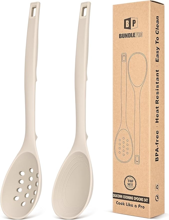 Pack of 2 Silicone Cooking Spoons, Non Stick Solid Kitchen Spoon by BUNDLEPRO