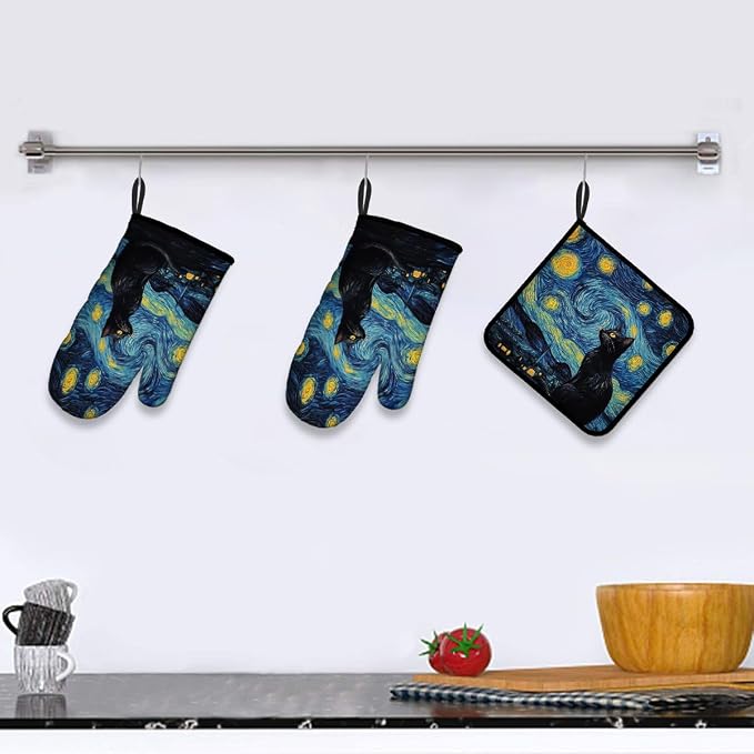 LOKMU Oven Mitts and Pot Holders Set of 3, Starry Night and Black Cat Heat - Image 5