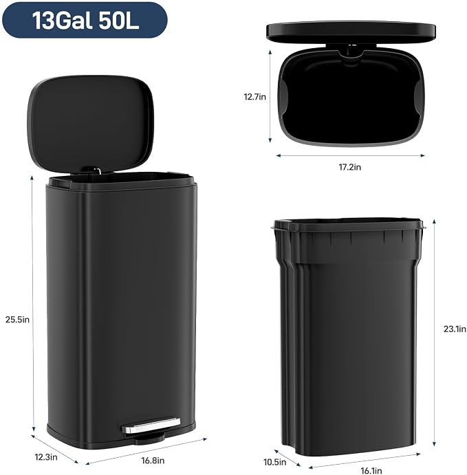 Arlopu13.2 Gallon Step Trash Can, Stainless Steel Garbage Bin, Soft-Close - Image 2
