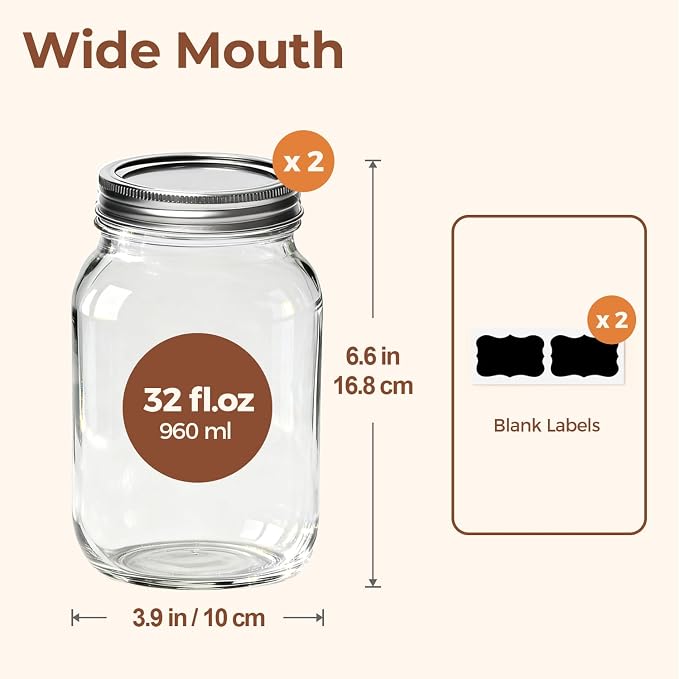 ComSaf Wide Mouth Mason Jars 32 oz - Image 2