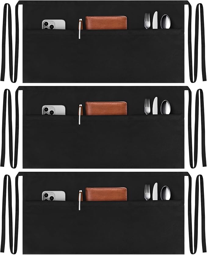 NLUS 3 Pack Server Aprons with 3 Pockets, Water Oil Stain Resistant Waitress by NLUS