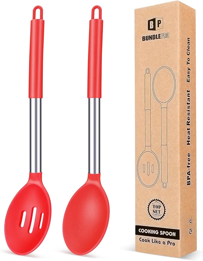 Pack of 2 Large Silicone Cooking Spoons, Non Stick Solid Basting Spoon by BUNDLEPRO