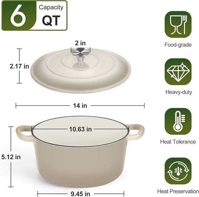 P&P CHEF 6QT Enameled Dutch Oven, Cast Iron Dutch Oven Pot - Image 2