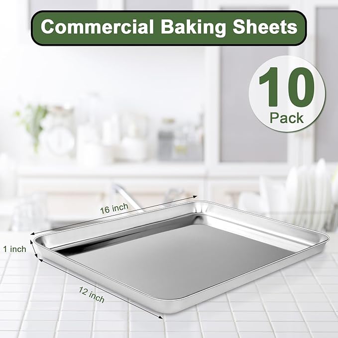 Baking Sheet Tray Set of 10, EWFEN Stainless Steel Baking Pan Cookie Pan Sheet - Image 2