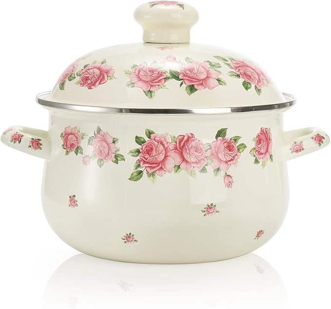 SOUJOY Enamel Stockpot with Lid, 2.8 Quart Retro Cooking Pot, Vintage Floral by SOUJOY