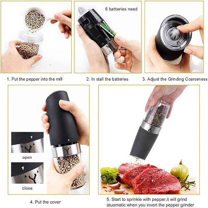 Gravity Electric Grinder set of 2, Automatic Pepper and Salt Mill Grinder - Image 2