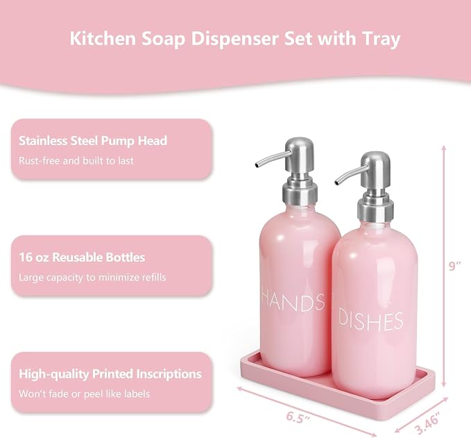 Pink Glass Dish and Hand Soap Dispenser Set - Image 3