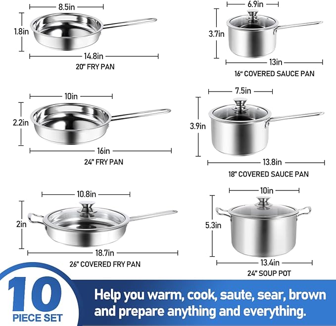 Aufranc 10-Piece Pots and Pans Set, Stainless Steel Cookware Set- Includes - Image 2