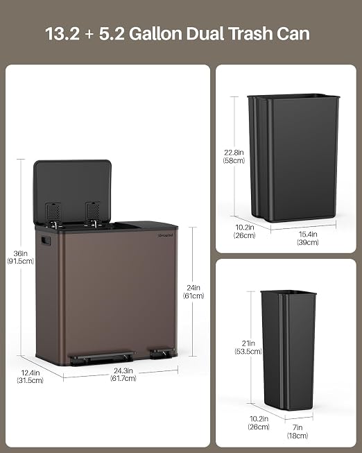 Dual Trash and Recycling Bins for Kitchen, 13.2 + 5.2 Gal Stainless Steel Trash - Image 6
