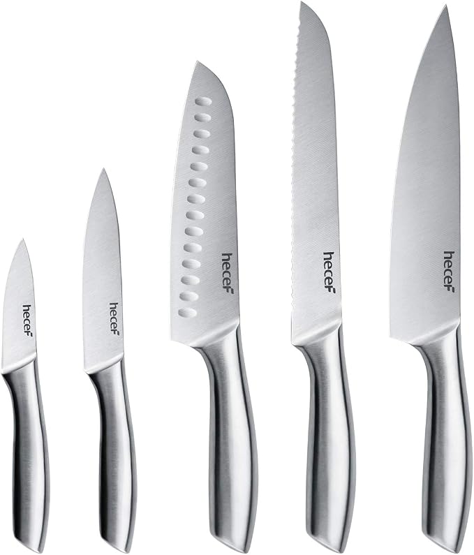 hecef Silver Kitchen knife set of 5, Satin Finish Blade by hecef