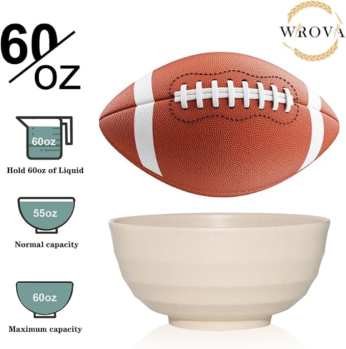 Wrova Wheat Straw Bowls Set 60 OZ, Unbreakable Large Beige Bowls Set of 6 - Image 3