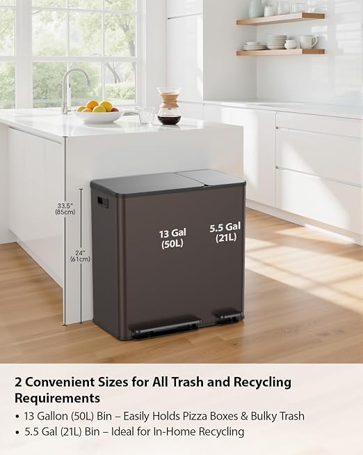 Lovewind Double Trash Can Kitchen, 13+5.5 Gallon Stainless Steel Dual Trash and - Image 2