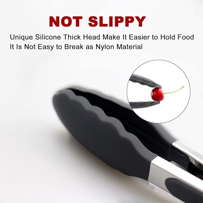 2 Pack Black Kitchen Tongs, Premium Silicone BPA Free Non-Stick Stainless Steel - Image 2