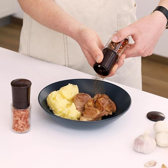 Vzaahu Salt and Pepper Grinder Set Brown, Refillable Small Shakers, Adjustable - Image 6