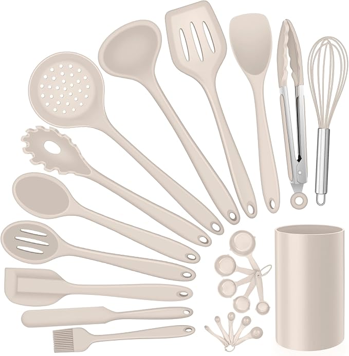 Silicone Kitchen Utensils Set, E-far 23 Pcs Khaki Cooking Utensils Tools by E-far
