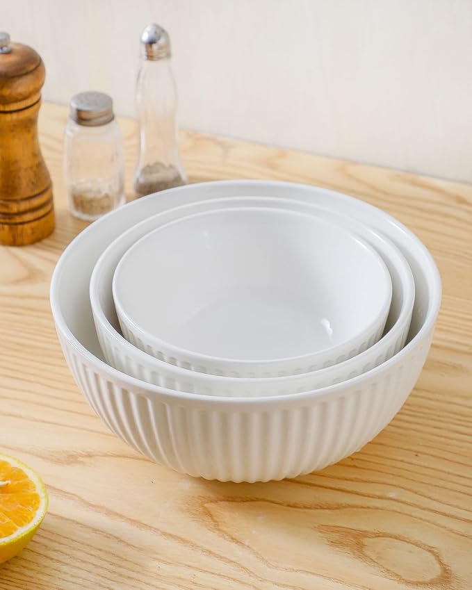 HASENSE Ceramic Ribbed Nesting White Bowls 1.5/1/0.5 Qt - Image 5