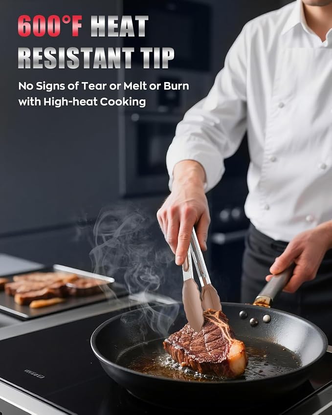 600ºF Heat Resistant Kitchen Tongs, Premium Locking Cooking Tongs - Image 2