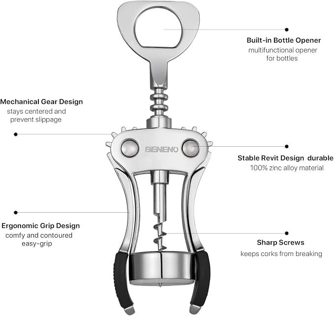 Beneno Wine Opener, Zinc Alloy Premium Wing Corkscrew - Image 5
