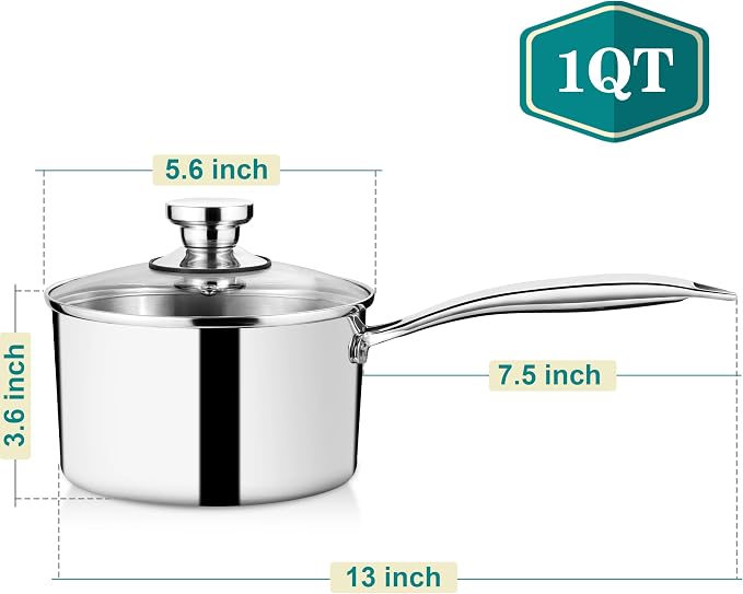 P&P CHEF 1 Quart Tri-Ply Stockpot and Saucepan, Stainless Steel Sauce Pan - Image 2