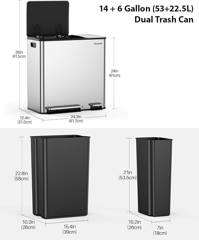 Lovewind Dual Trash Can, 14 + 6 Gallon Garbage Can - Image 7