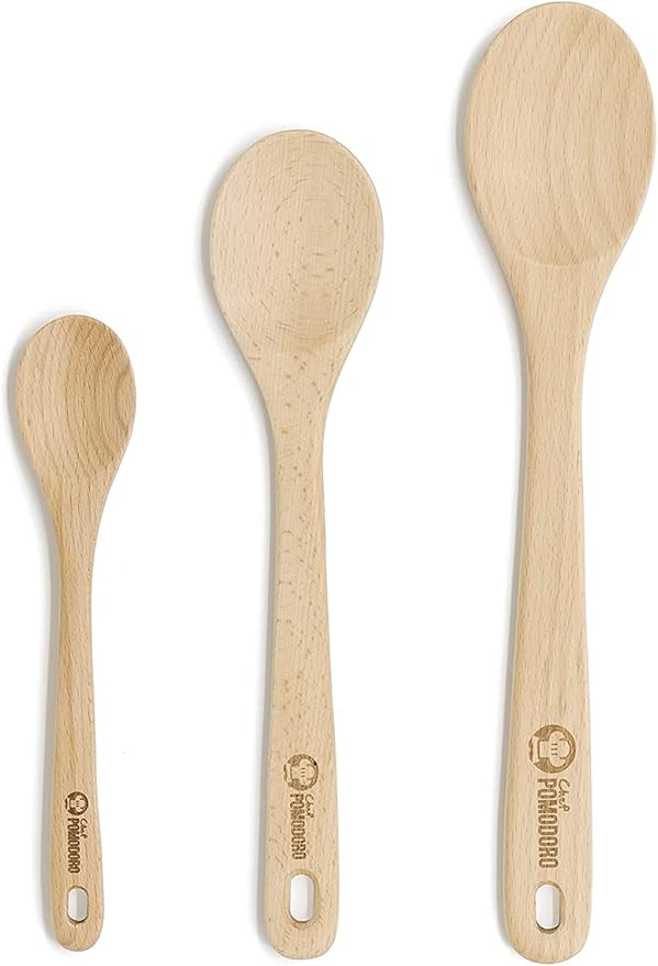 Chef Pomodoro Wooden Spoons for Cooking 3-Piece Set, Solid Beechwood Cooking by ChefPomodoro